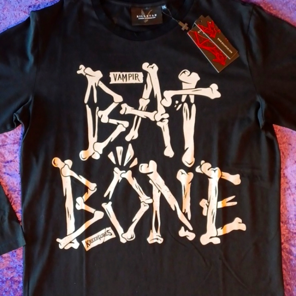 KILLSTAR KREEPTURES LONG-SLEEVED TSHIRT BLACK BATBONE IN WHITE XXL